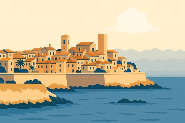 Illustration d'Antibes avec une vue de loin sur ses remparts
