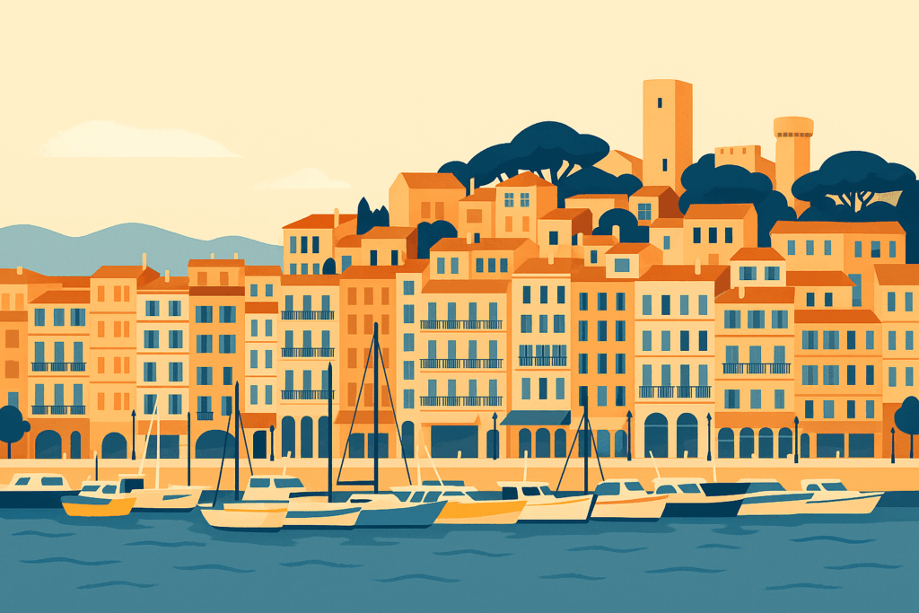 Illustration de Cannes avec une vue sur le Suquet et le port de pêcheurs