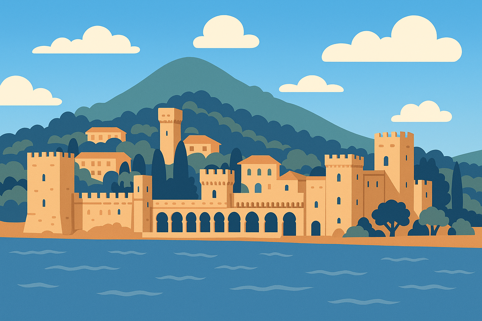 Mandelieu-Illustration-Vue-Panoramique-Chateau-Mer-San-Peyre Illustration de Mandelieu avec une vue sur la mer et son château