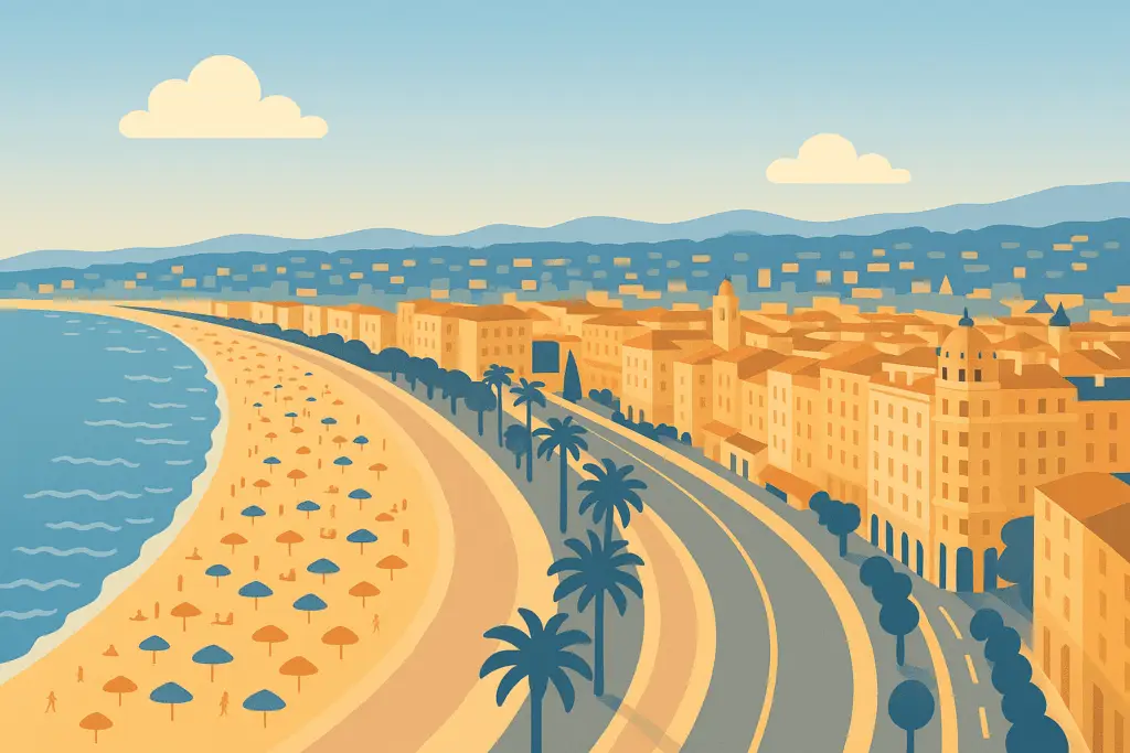 Illustration de Nice avec une vue sur la promenade des Anglais et la mer