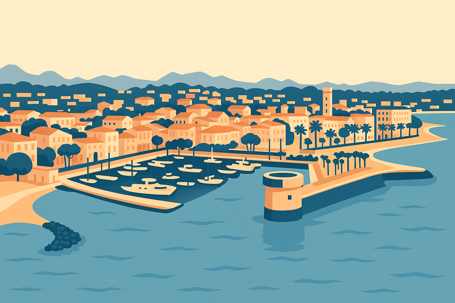 Illustration de Saint-Raphaël avec vue du ciel sur le port et la ville